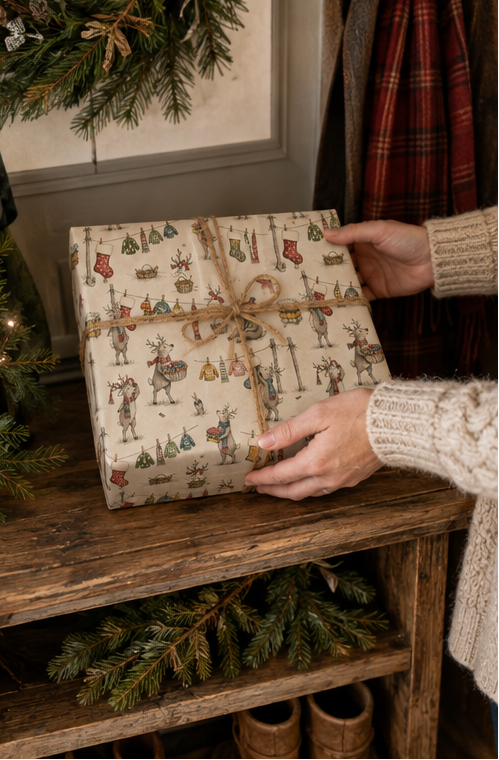 Reindeer Christmas wrapping paper showing North Pole reindeer hanging colourful jumpers, scarves and stockings on washing lines with baskets of festive laundry.
