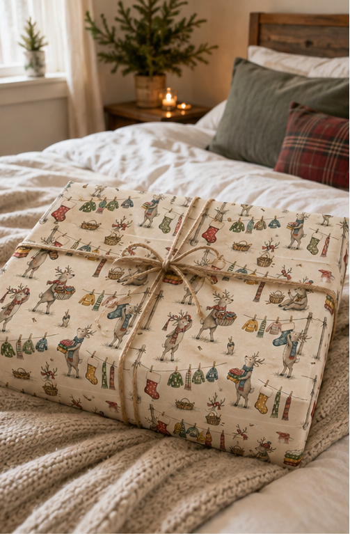 Santa’s transport team tackles washing day in this illustrated reindeer Christmas wrapping paper, complete with Fair Isle jumpers, scarves, stockings, laundry baskets and clotheslines on warm ivory.
