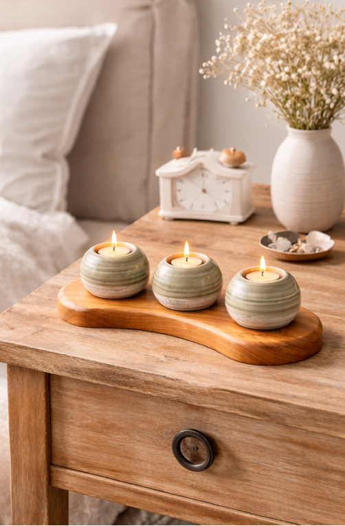 Resting Orbit Candle Holder on bedside table
