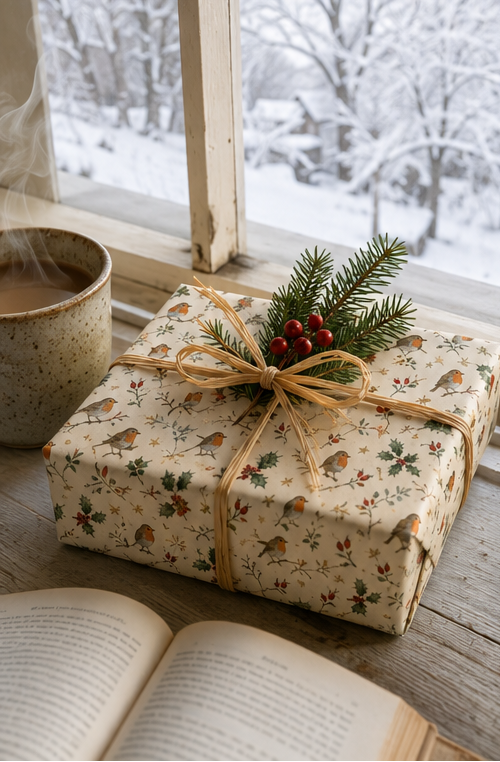 Christmas wrapping paper featuring red-breasted birds perched among holly leaves, red berries, rosehips, leafy sprigs, bare winter twigs and small golden stars. The illustrated repeat uses deep green, berry red, warm brown and soft grey on a warm cream background.