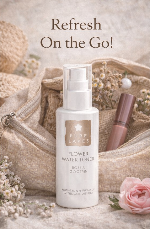 flower water toner pure lakes facial toner product with text on a soft, floral background.