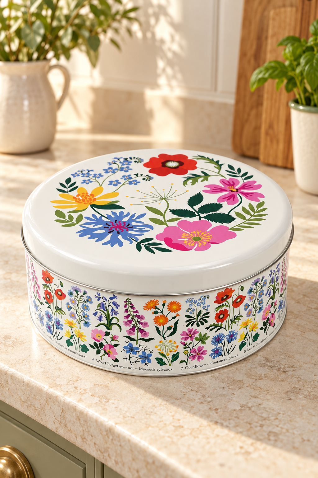 A round floral tin cake box with a powdered sponge cake and jam filling, shown on a kitchen worktop in a bright kitchen.
