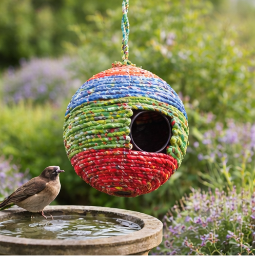 Colorful woven birdhouse hanging in a garden setting with flowers and plants.