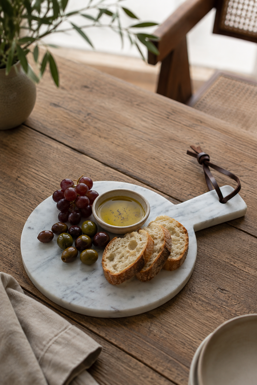 A round white marble serving board with a handle, styled on a rustic wooden table with sliced bread, grapes, olives, and a small bowl of dip. A beige napkin and a vase with greenery are also visible in the softly lit setting.