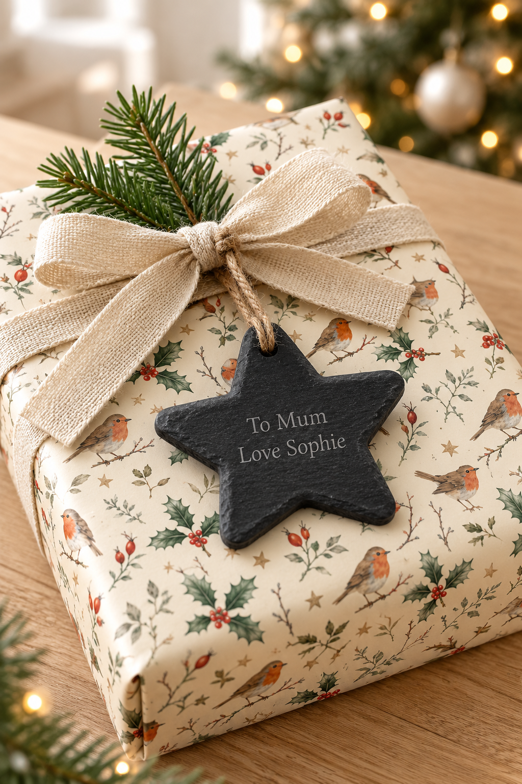 A wrapped gift box on a wooden surface with Christmas-themed wrapping paper, a beige ribbon bow, a pine sprig, and a slate star-shaped gift tag engraved with 'To Mum Love Sophie'.
