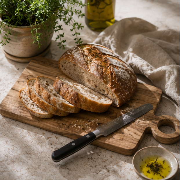 Sliced bread on a wooden cutting board with a knife, next to a plant and a bowl of oil.