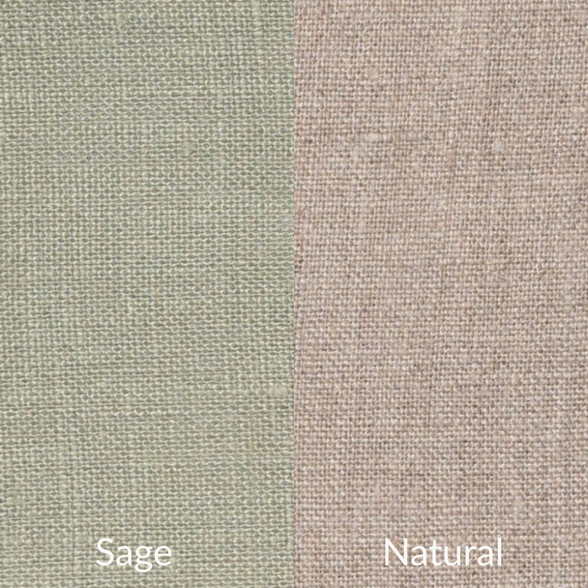 Two fabric swatches labeled 'Sage' and 'Natural' on a textured background.
