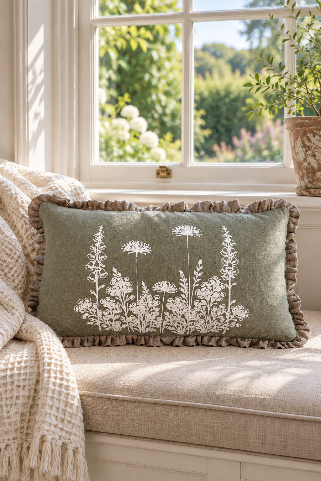 Sage Florilegium cushion with white flowers and a small natural ruffle on a cottage window seat.