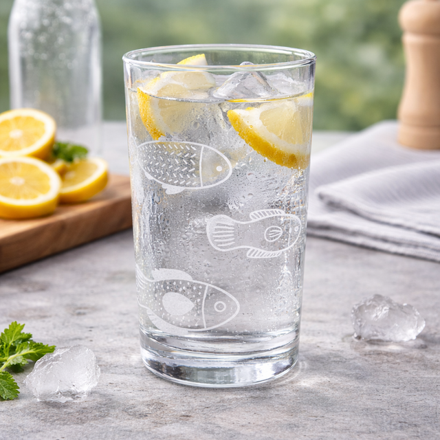 Fish etched Clear glass with lemon slices and ice cubes on a wooden cutting board with lemons and a bottle in the background.