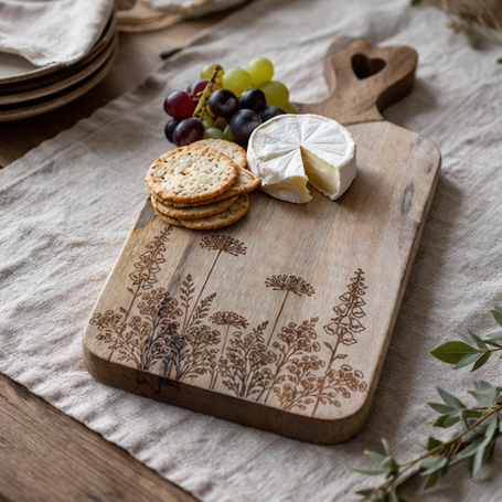 Wooden cutting board with engraved designs on a table setting.