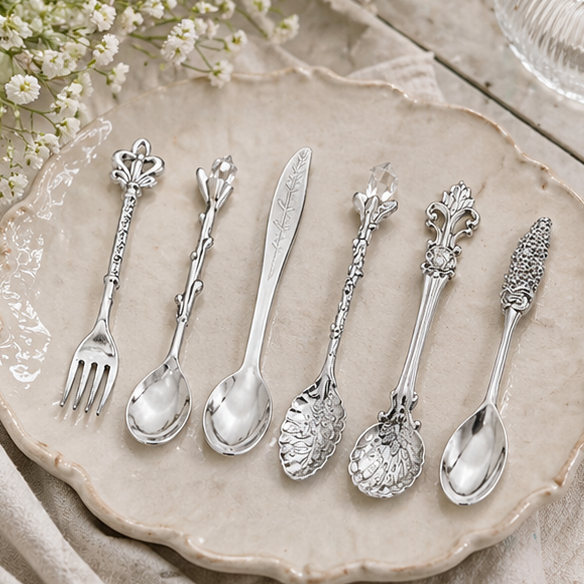 Set of decorative silver spoons and forks on a table with a bowl of cereal and a cup of tea.