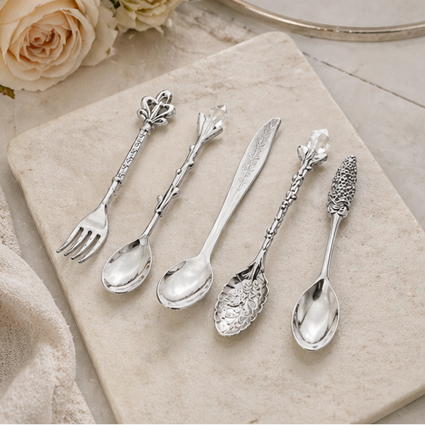 Set of decorative silver spoons and forks on a table with a bowl of cereal and a cup of tea.