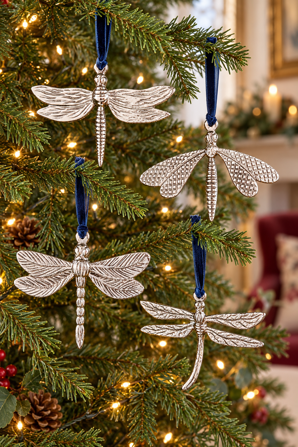 Four silver dragonfly ornaments with textured wings and blue ribbons hang on a decorated Christmas tree with warm lights.
