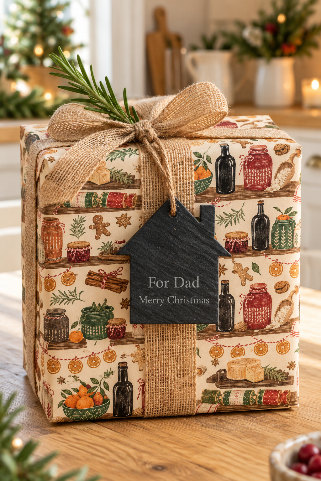 A square gift box wrapped in a warm-toned Christmas kitchen-themed patterned paper, tied with a burlap ribbon and topped with a pine sprig. A small black house-shaped tag reads 'For Dad Merry Christmas.