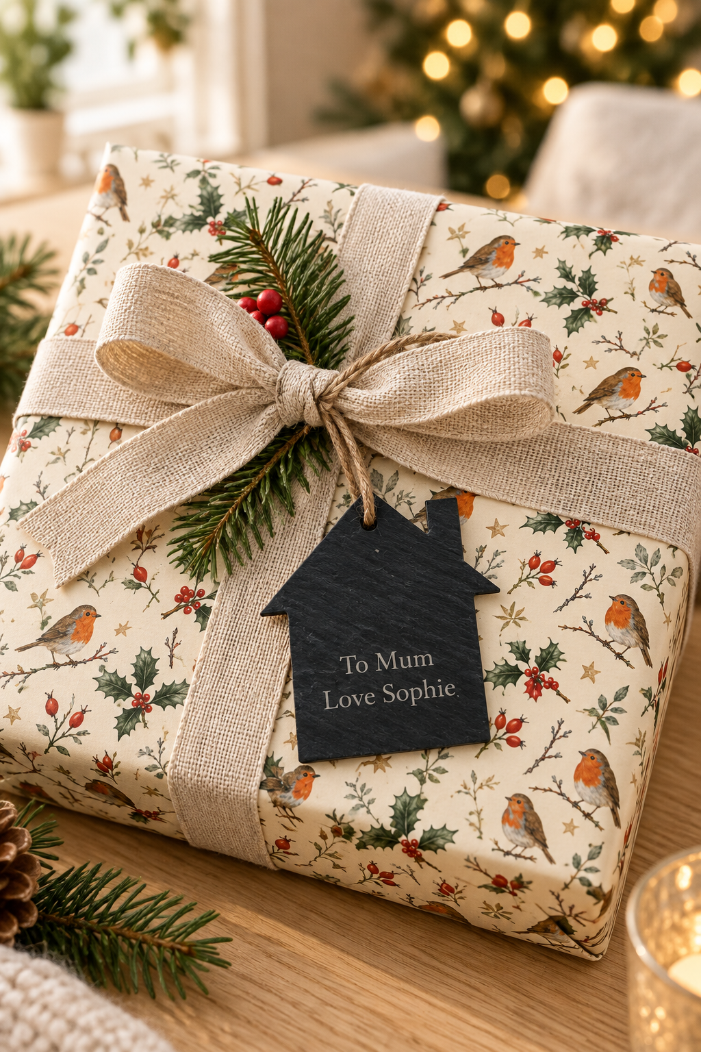 A wrapped gift box with Christmas robin-patterned wrapping paper, a beige ribbon bow, pine sprigs, and a dark slate house-shaped tag that reads 'To Mum Love Sophie'.