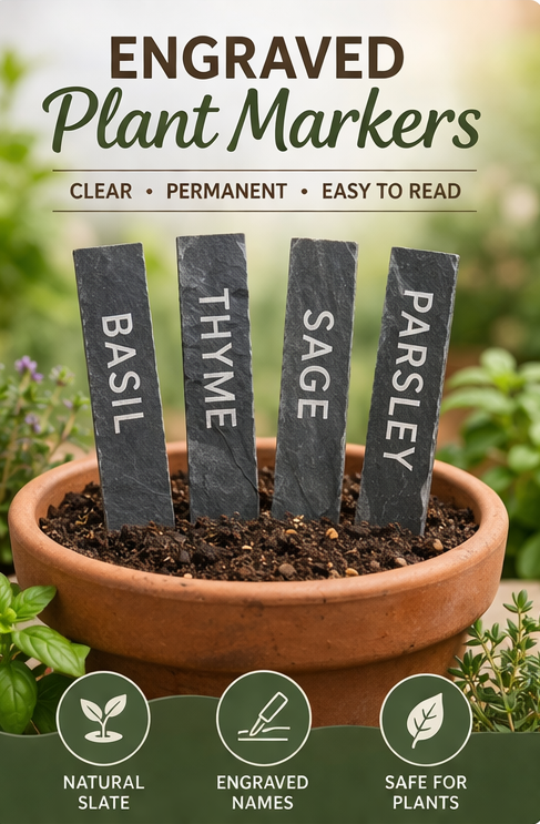 Engraved plant markers in a pot with herbs, labeled 'Basil', 'Thyme', 'Sage', and 'Parsley'.