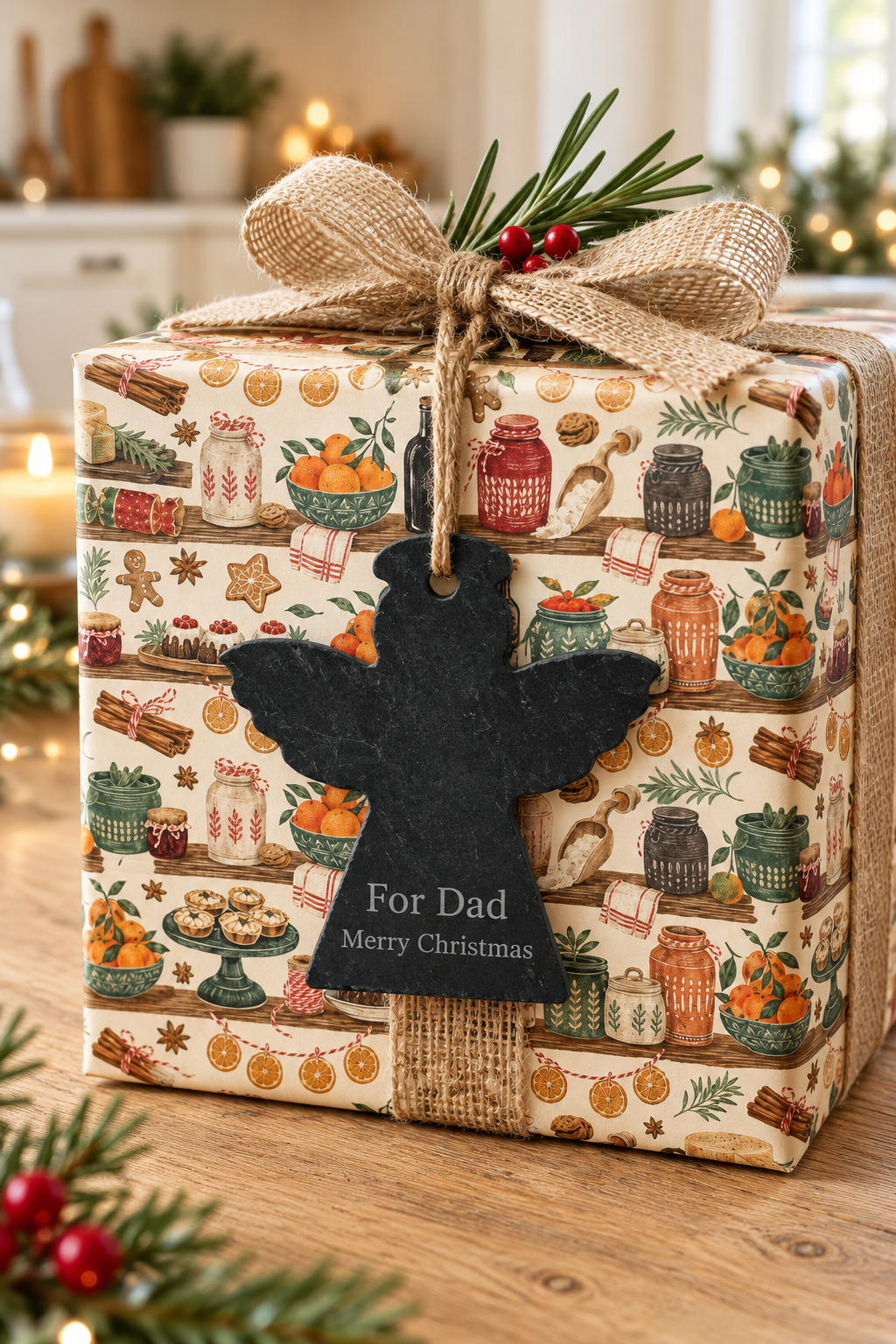 A Christmas-themed gift box wrapped in festive patterned paper with illustrations of jars, spices, and holiday treats, tied with a burlap ribbon and bow. A black slate angel gift tag hangs from the front, reading 'For Dad Merry Christmas.