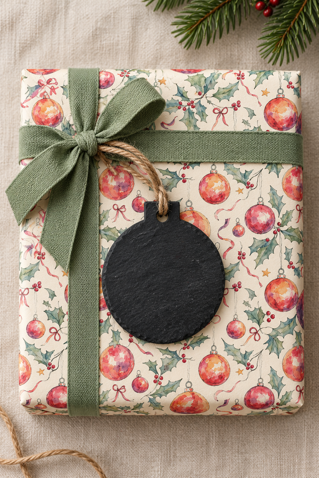 Bauble-shaped blank slate gift tag in dark charcoal grey, with natural surface markings and a rustic rope loop, resting on a pale wooden background.