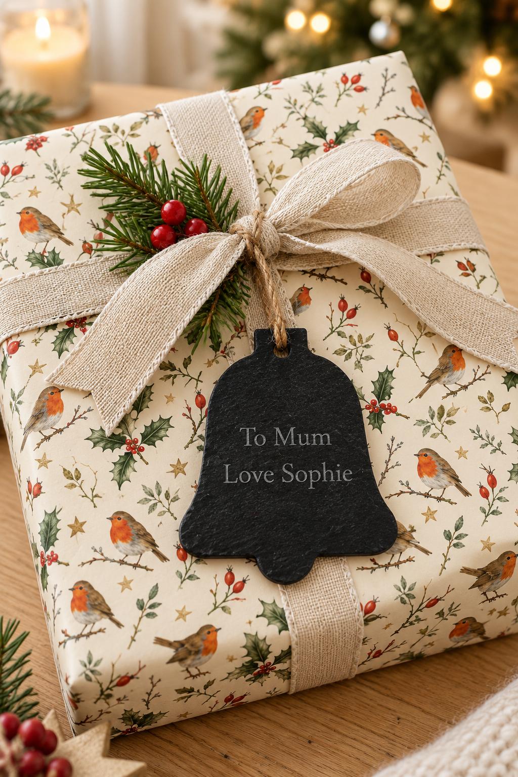 Blank bell-shaped slate gift tag in natural charcoal grey with a rustic rope loop for attaching to Christmas presents.