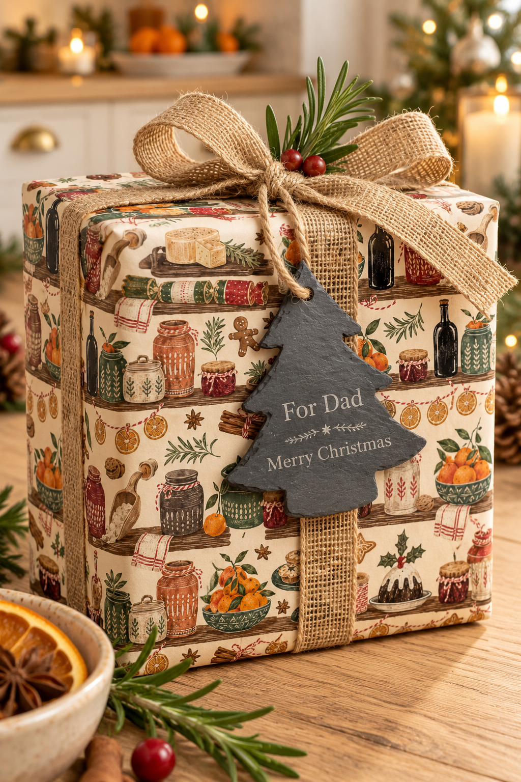 A Christmas-themed gift box wrapped in a warm-toned kitchen-themed patterned paper, tied with a burlap ribbon and decorated with a pine sprig and a slate Christmas tree gift tag that reads 'For Dad Merry Christmas'.