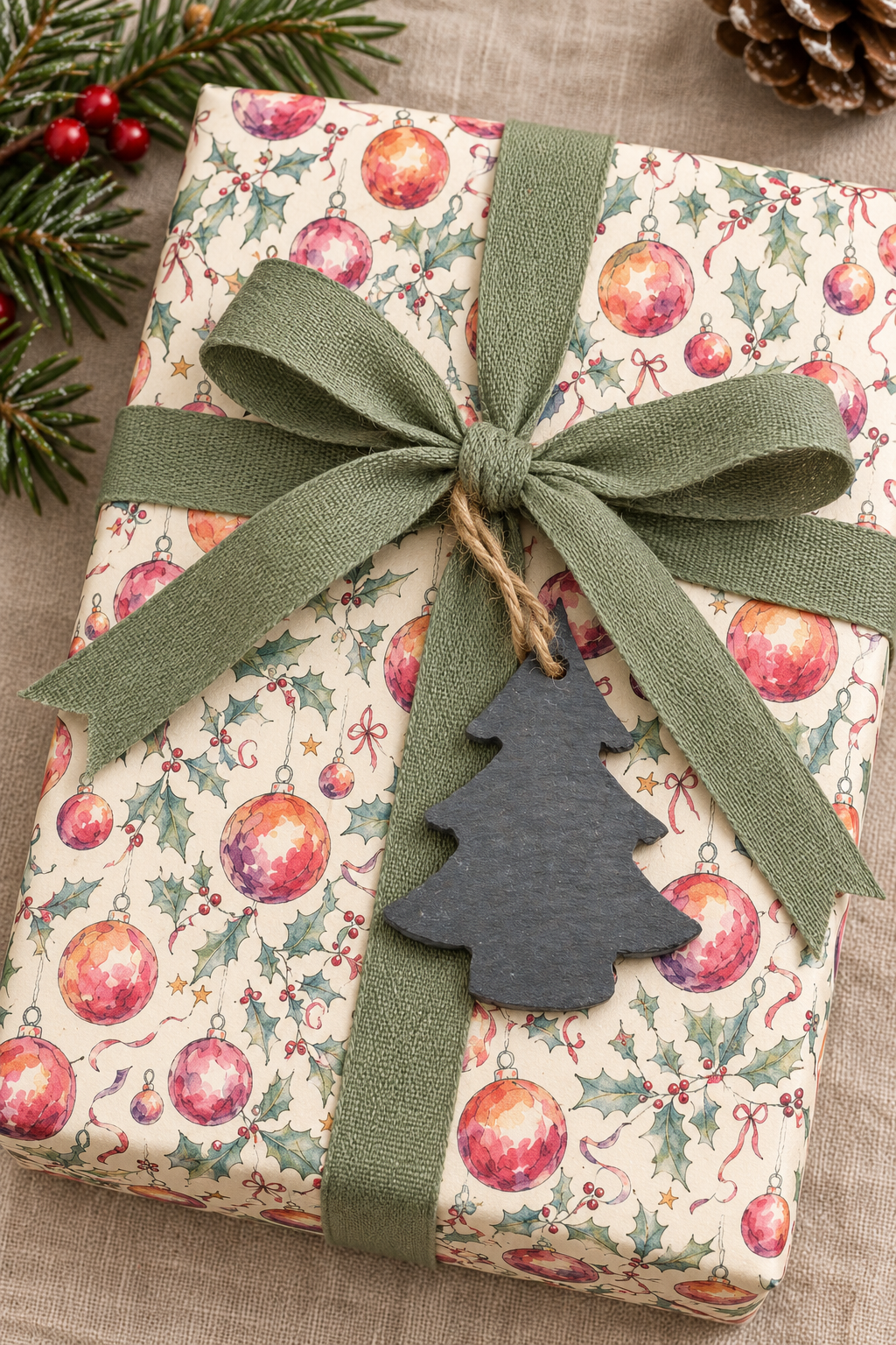 A wrapped gift box with festive Christmas-themed wrapping paper featuring red ornaments and green holly, tied with an olive green ribbon and a Christmas tree shaped slat gift tag.