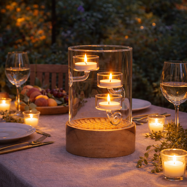 Candlelit table setting with a wooden and glass candle holder on a dining table setting outside.