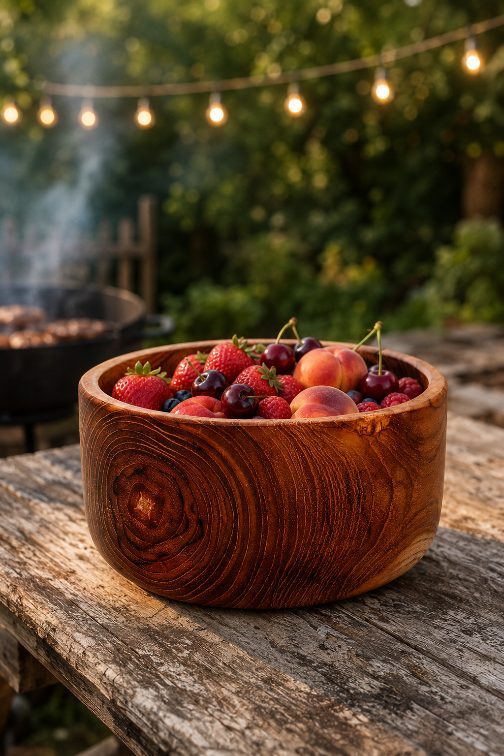 A Small Teak Root Salad & Serving Bowl – 15cm round wooden bowl filled with fresh strawberries, blueberries, and peaches sits on a rustic wooden table outdoors, with string lights and greenery blurred in the background.