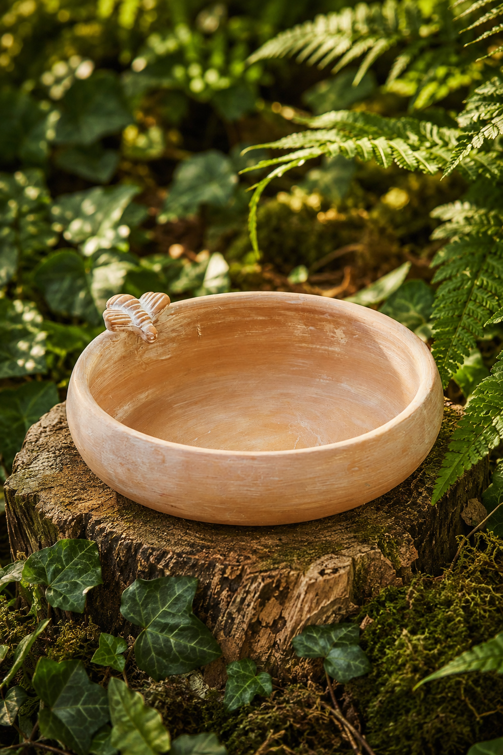A round, handcrafted terracotta clay bowl with a small bee detail on the rim, used for bird bath, bird feeder displayed on a tree stump in a lush green forest setting.