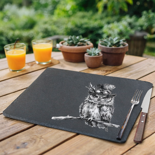 Slate placemats with owl design on a table outside