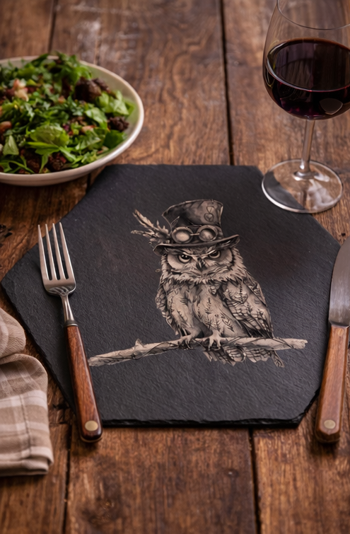 Slate placemat with owl design on a wooden table with salad and wine.
