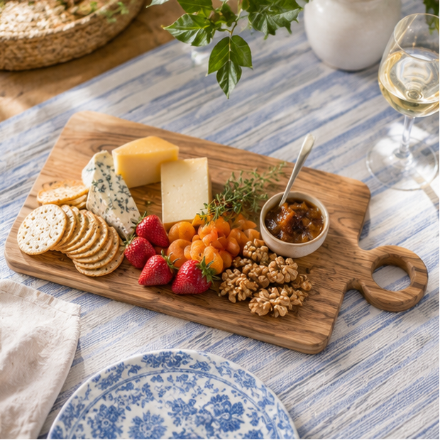 Wooden charcuterie board with assorted cheeses, fruits, and nuts on a striped tablecloth.