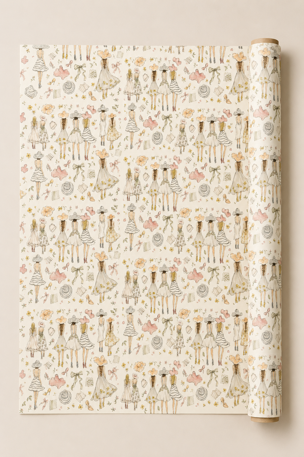 A roll of wrapping paper with a repeating pattern of Fashion Girls figures in pastel pink, beige, and grey on an off-white background, shown partially unrolled.