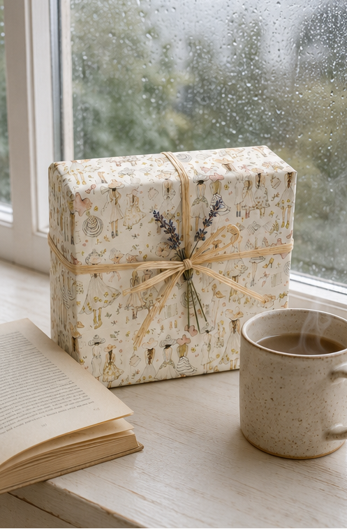 A gift box wrapped in cream-colored paper with a delicate Summer Fashion Sketch illustration pattern, tied with a natural twine ribbon and a sprig of dried lavender, sitting on a windowsill next to an open book and a ceramic mug.