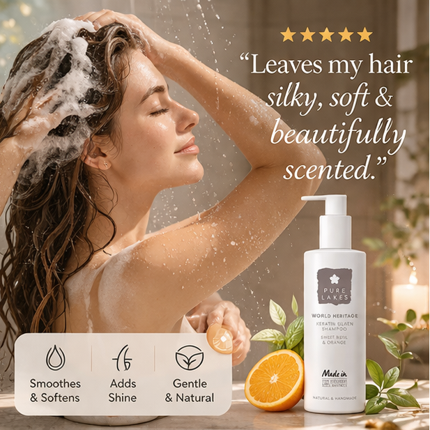 Promotion of Pure Lakes Keratin Silken Shampoo with product images and text highlighting benefits. Sweet Basil & Orange Keratin Silken Shampoo