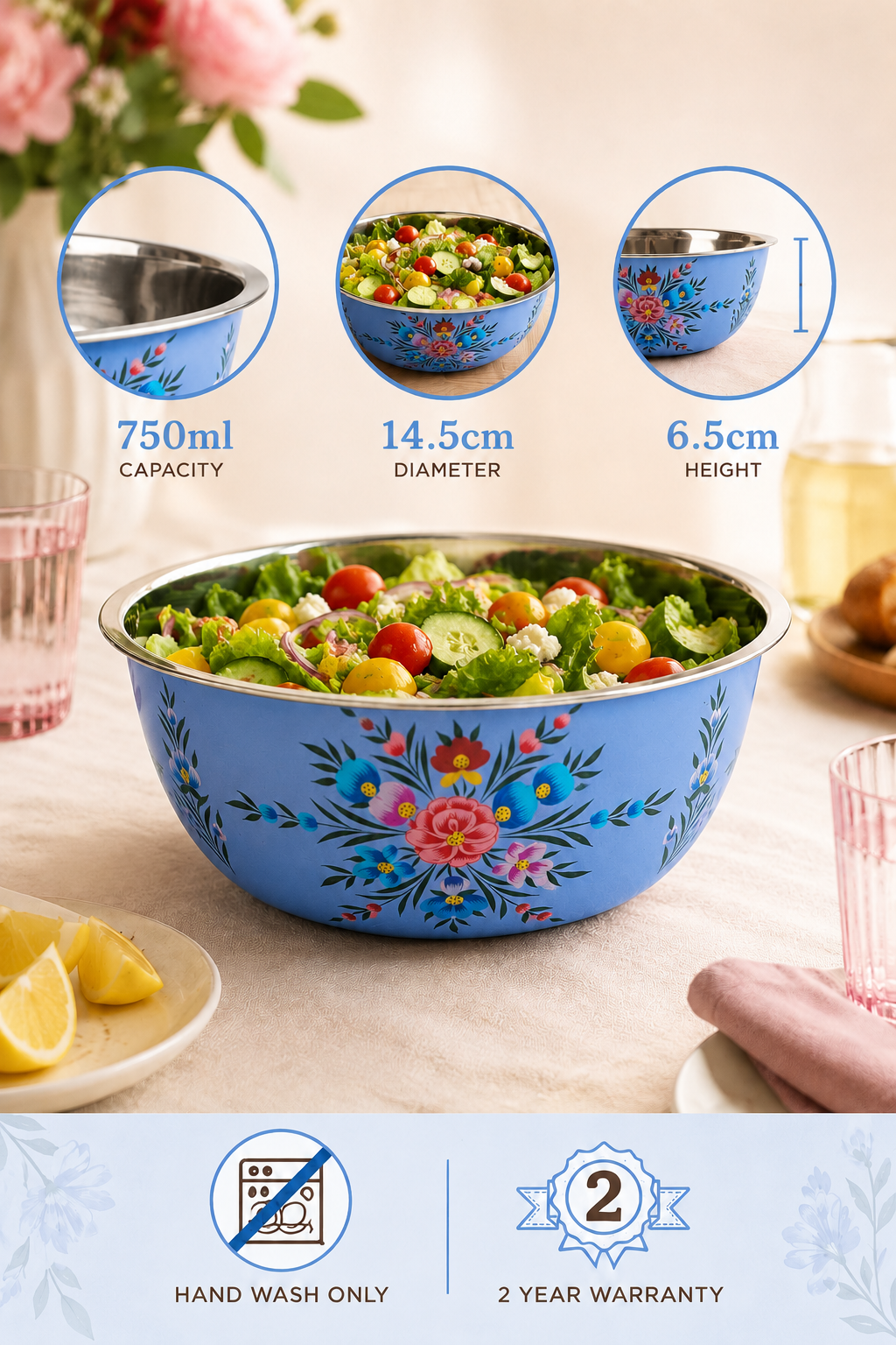 Cornflower Blue Pansy Hand Painted Stainless Steel Snack Bowl – 14.5cm