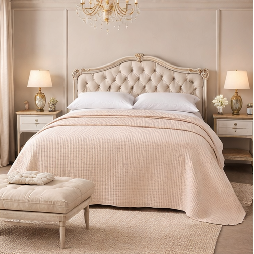 bedroom scenes with beige bedding and neutral decor.