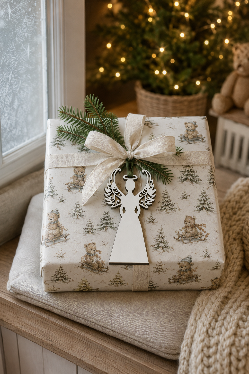 Wide-skirt white laser-cut angel gift tag on a Teddy Bear Tobogganing wrapped Christmas present beside a frosted window.