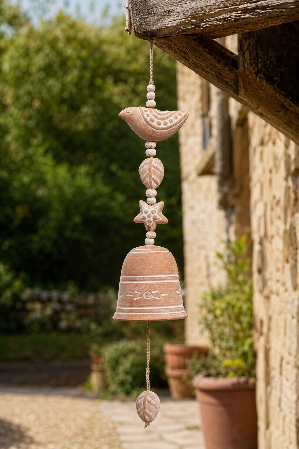 A rustic terracotta wind chime hanging from a wooden eaves in an outdoor garden setting. The wind chime features a bird, leaves, a star, and a bell with carved details, in a warm terracotta color.