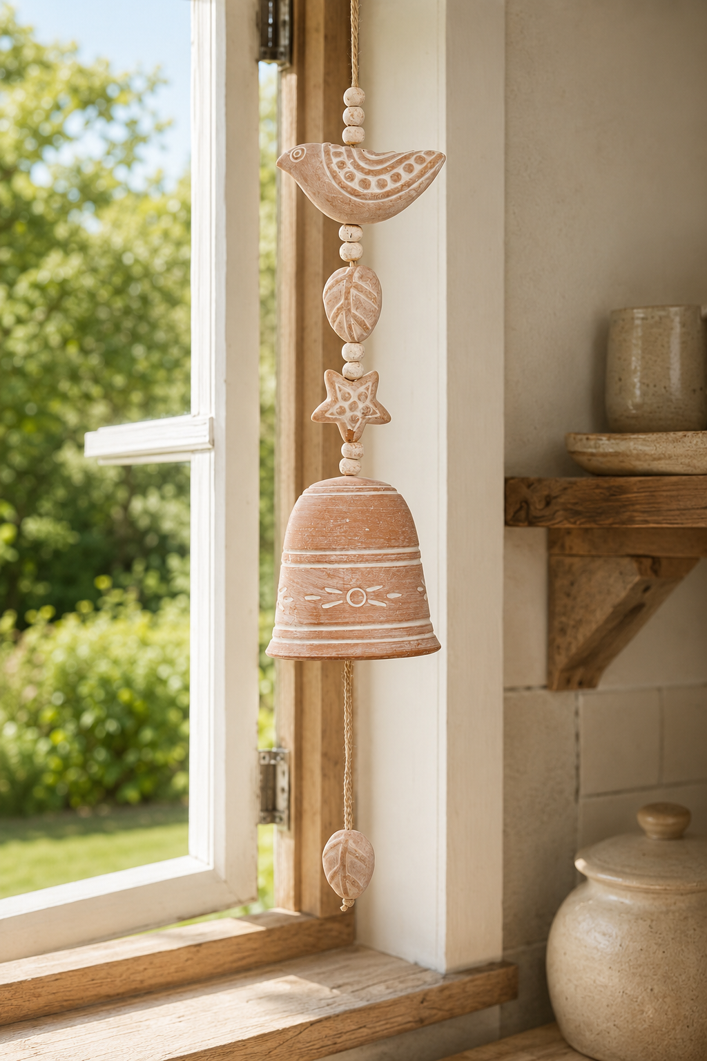 A terracotta bird wind chime hanging by a window, with carved leaves, stars, and a bell below, set against a softly lit interior background.