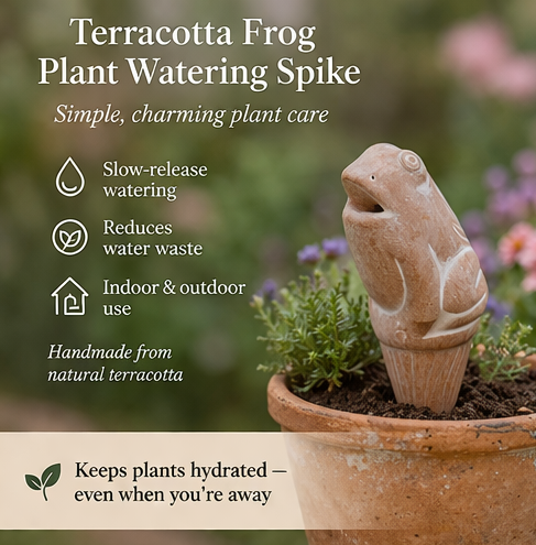 Terracotta frog plant watering spike with plant in a pot, set against a garden background.