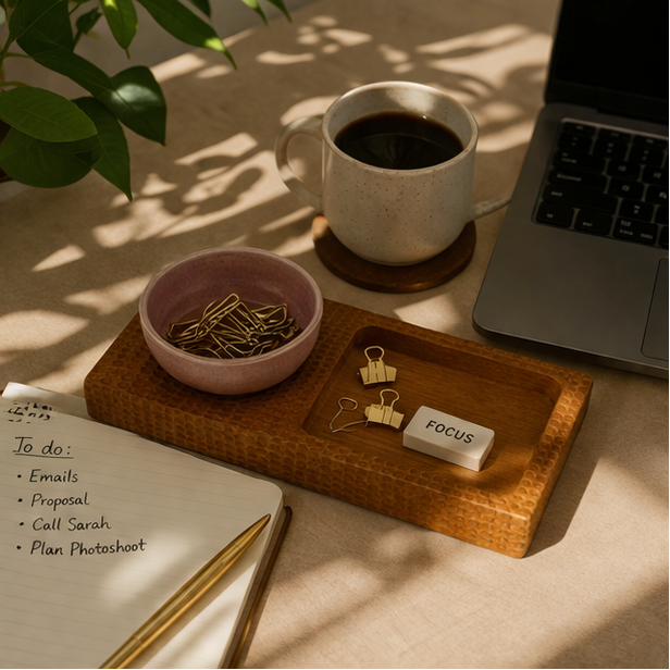 Desk setup with a laptop, coffee cup, notebook, and decorative items on a wooden tray.