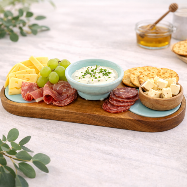 Wooden charcuterie board with cheese, fruits, and meats on a light surface.