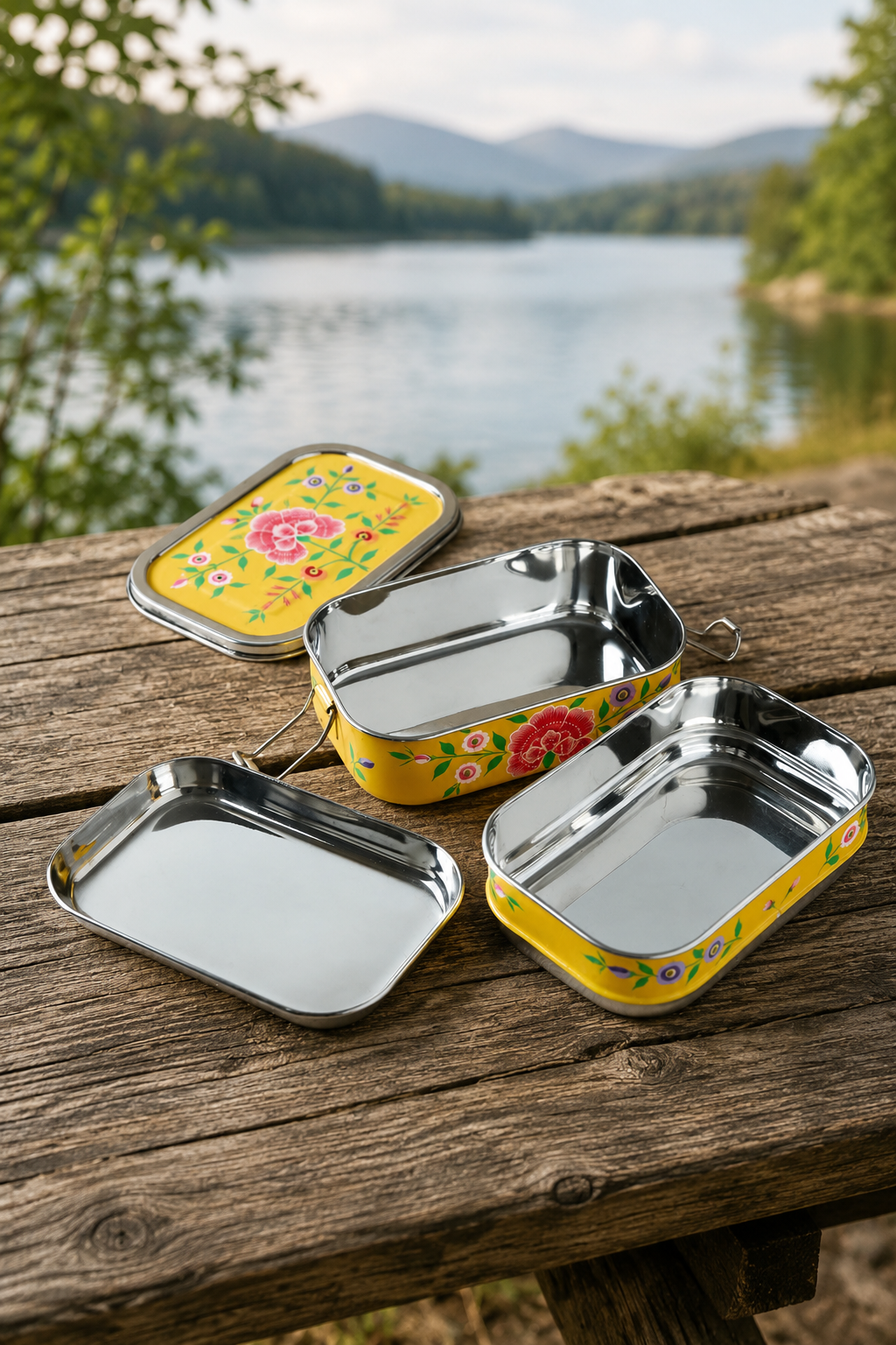 Three-compartment stainless steel tiffin lunch box with Sunshine design