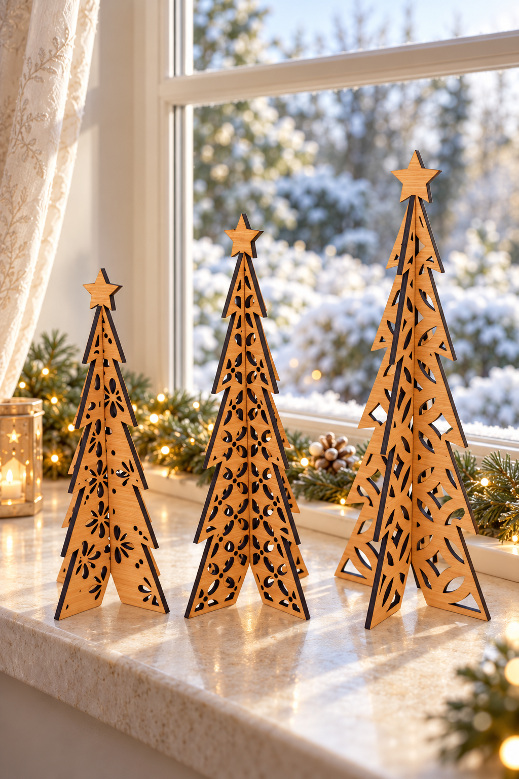 Three laser-cut wooden Christmas tree ornaments with star toppers are displayed on a windowsill decorated with holiday greenery and warm lights, with a snowy outdoor view in the background.