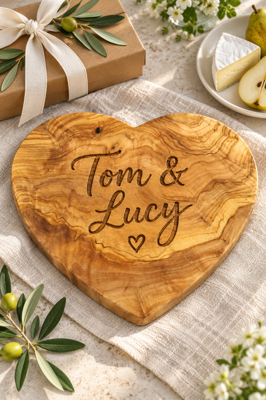 Small Olive Wood Heart Cheese Board – Blank or Personalised