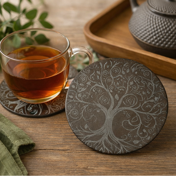 Leather Coaster with tree design on a wooden surface with a cup of tea and teapot.
