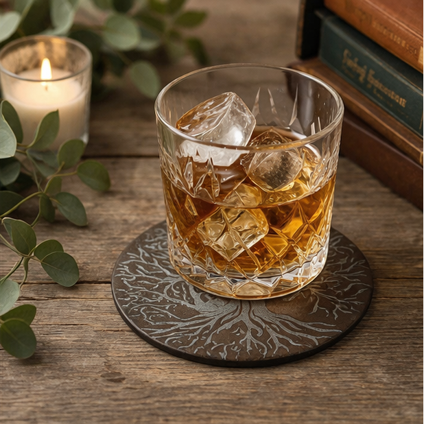 Glass of whiskey with ice cubes on a leather coaster next to a candle and books.