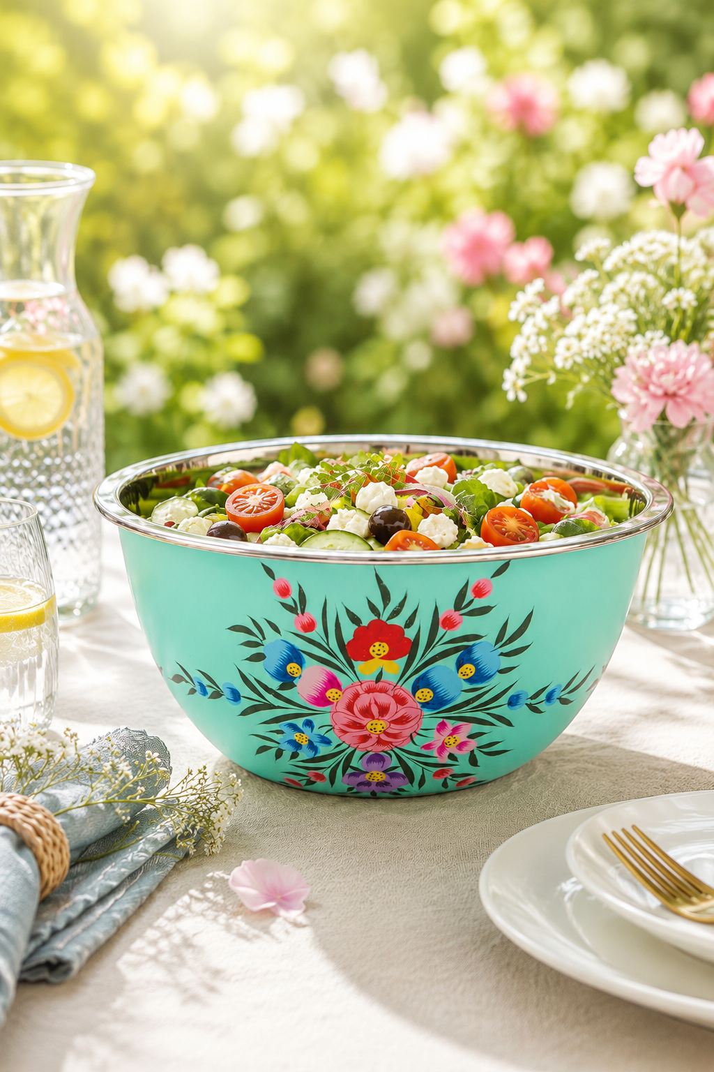 Turquoise floral-patterned bowl filled with salad on a table outdoors.