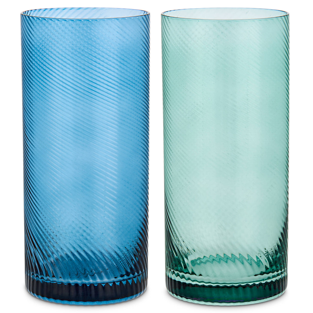 Two blue glass tumblers with textured design on a white background