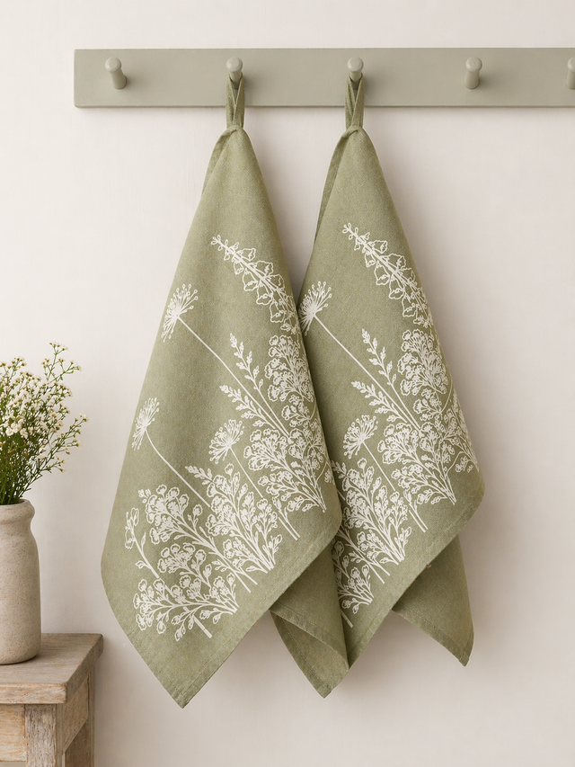 Two sage green linen tea towels with white patterns hanging on a rack against a white wall.